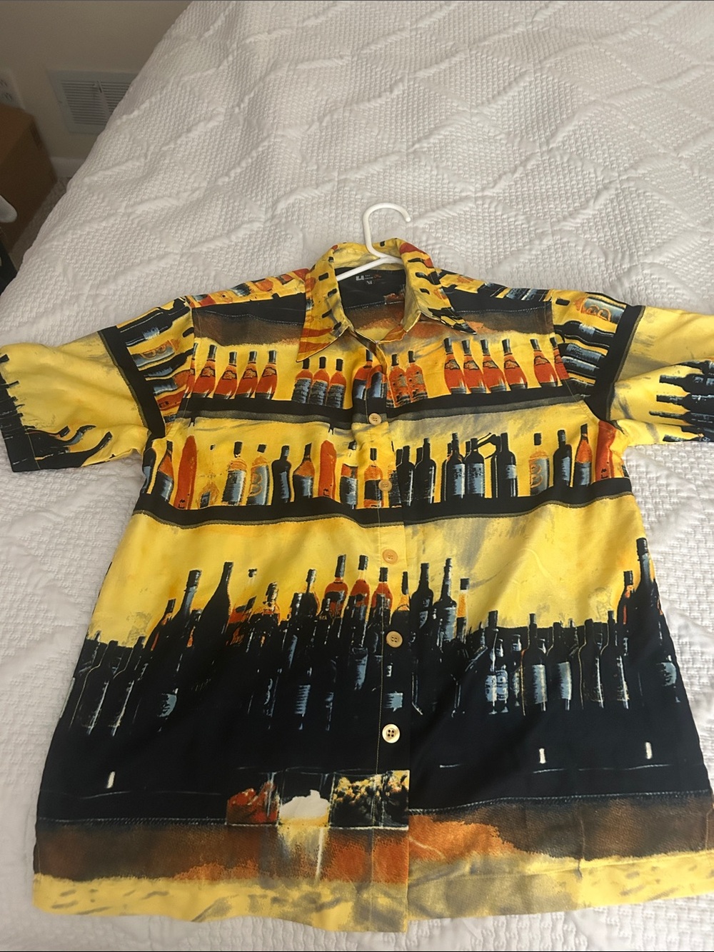Casual Yellow & Black Short-Sleeve Button-Up Shirt with Bottle Print